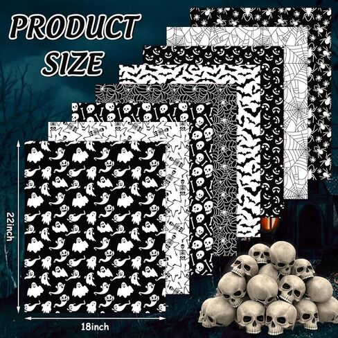 8Pcs Halloween Cotton Fabric Bundles Ghost Skull Bat Spider Web Fat Quarters Spooky Black White Quilting Patchwork for DIY Sewing Craft Decor, 18 x 22 Inch in Saudi Arabia