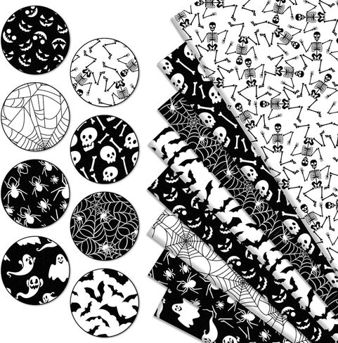 8Pcs Halloween Cotton Fabric Bundles Ghost Skull Bat Spider Web Fat Quarters Spooky Black White Quilting Patchwork for DIY Sewing Craft Decor, 18 x 22 Inch in Saudi Arabia