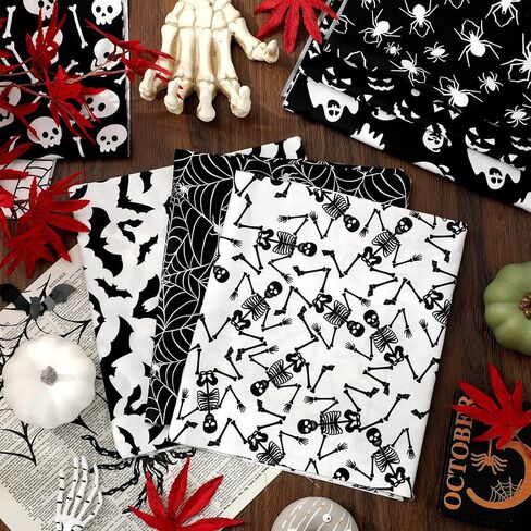 8Pcs Halloween Cotton Fabric Bundles Ghost Skull Bat Spider Web Fat Quarters Spooky Black White Quilting Patchwork for DIY Sewing Craft Decor, 18 x 22 Inch in Saudi Arabia
