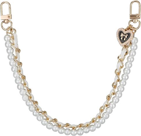 Pearl & Leather Chain Strap for Handbag, Imitation Pearl Gold Chain/Leather Handbag Straps Crossbody Bags Short Handle Replacement Charm for Women Bag Accessories(White) in Saudi Arabia