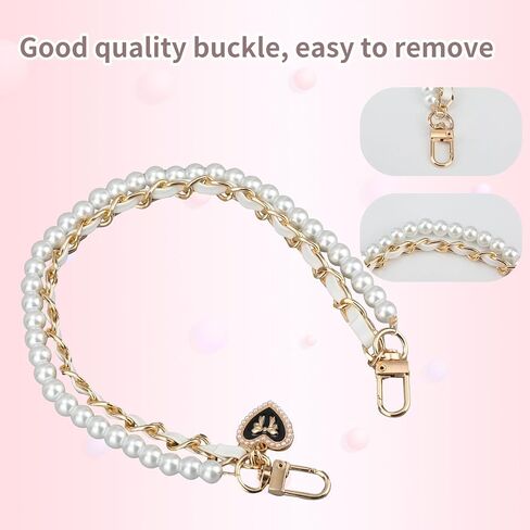 Pearl & Leather Chain Strap for Handbag, Imitation Pearl Gold Chain/Leather Handbag Straps Crossbody Bags Short Handle Replacement Charm for Women Bag Accessories(White) in Saudi Arabia