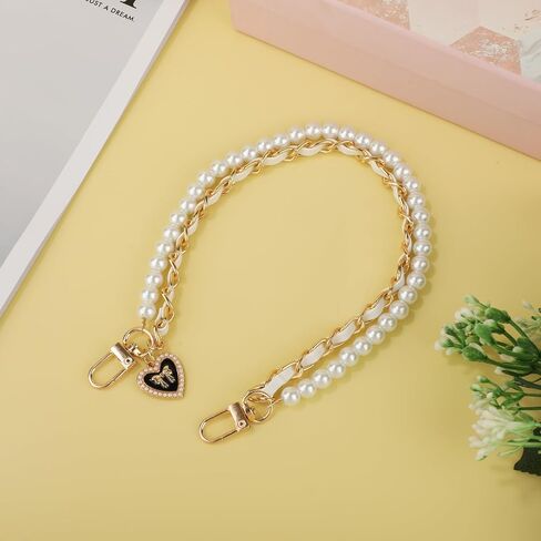 Pearl & Leather Chain Strap for Handbag, Imitation Pearl Gold Chain/Leather Handbag Straps Crossbody Bags Short Handle Replacement Charm for Women Bag Accessories(White) in Saudi Arabia