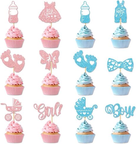 Cyuan 36PCS Gender Reveal Cupcake Toppers – Pink & Blue Glitter Baby Shower Decorations with Bottles, Bows, Bodysuits, Pants, Dresses & Baby Feet for Boy or Girl Party in Saudi Arabia