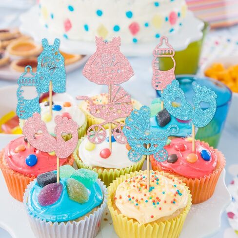 Cyuan 36PCS Gender Reveal Cupcake Toppers – Pink & Blue Glitter Baby Shower Decorations with Bottles, Bows, Bodysuits, Pants, Dresses & Baby Feet for Boy or Girl Party in Saudi Arabia