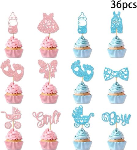 Cyuan 36PCS Gender Reveal Cupcake Toppers – Pink & Blue Glitter Baby Shower Decorations with Bottles, Bows, Bodysuits, Pants, Dresses & Baby Feet for Boy or Girl Party in Saudi Arabia