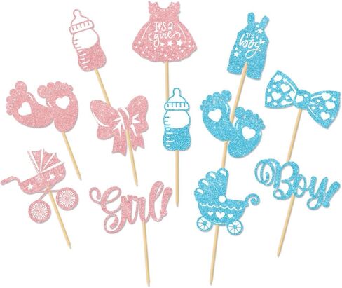Cyuan 36PCS Gender Reveal Cupcake Toppers – Pink & Blue Glitter Baby Shower Decorations with Bottles, Bows, Bodysuits, Pants, Dresses & Baby Feet for Boy or Girl Party in Saudi Arabia