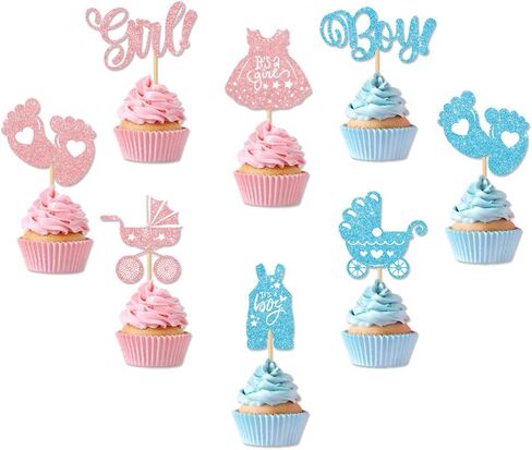 Cyuan 36PCS Gender Reveal Cupcake Toppers – Pink & Blue Glitter Baby Shower Decorations with Bottles, Bows, Bodysuits, Pants, Dresses & Baby Feet for Boy or Girl Party in Saudi Arabia