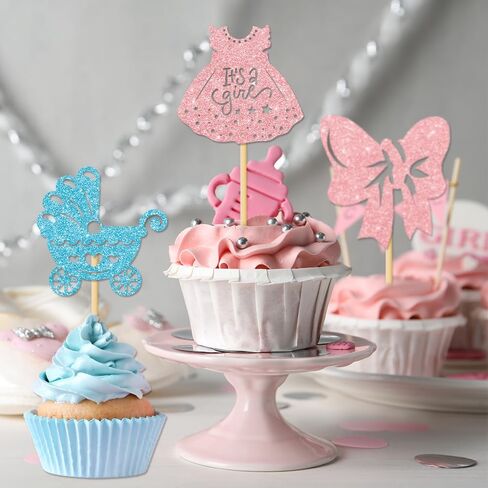 Cyuan 36PCS Gender Reveal Cupcake Toppers – Pink & Blue Glitter Baby Shower Decorations with Bottles, Bows, Bodysuits, Pants, Dresses & Baby Feet for Boy or Girl Party in Saudi Arabia