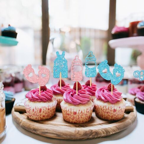 Cyuan 36PCS Gender Reveal Cupcake Toppers – Pink & Blue Glitter Baby Shower Decorations with Bottles, Bows, Bodysuits, Pants, Dresses & Baby Feet for Boy or Girl Party in Saudi Arabia