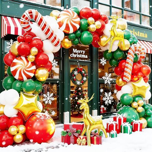 طقم قوس بالونات عيد الميلاد - زينة عيد الميلاد بالونات حمراء وأخضر وأبيض وذهبية، وعصا حلوى، ونجمة ذهبية، وبالونات من رقائق الأيائل لديكورات حفلات أعياد الميلاد in Kuwait