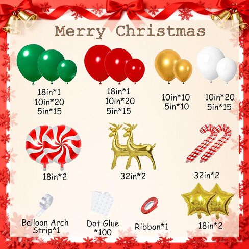طقم قوس بالونات عيد الميلاد - زينة عيد الميلاد بالونات حمراء وأخضر وأبيض وذهبية، وعصا حلوى، ونجمة ذهبية، وبالونات من رقائق الأيائل لديكورات حفلات أعياد الميلاد in Kuwait