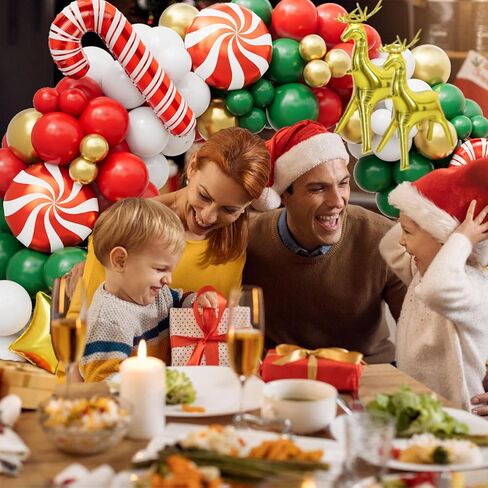 طقم قوس بالونات عيد الميلاد - زينة عيد الميلاد بالونات حمراء وأخضر وأبيض وذهبية، وعصا حلوى، ونجمة ذهبية، وبالونات من رقائق الأيائل لديكورات حفلات أعياد الميلاد in Kuwait