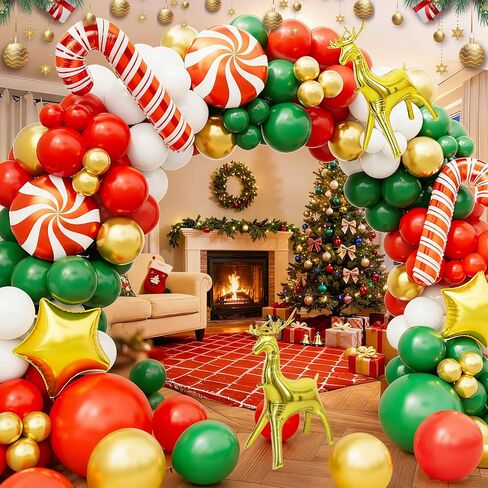 طقم قوس بالونات عيد الميلاد - زينة عيد الميلاد بالونات حمراء وأخضر وأبيض وذهبية، وعصا حلوى، ونجمة ذهبية، وبالونات من رقائق الأيائل لديكورات حفلات أعياد الميلاد in Kuwait