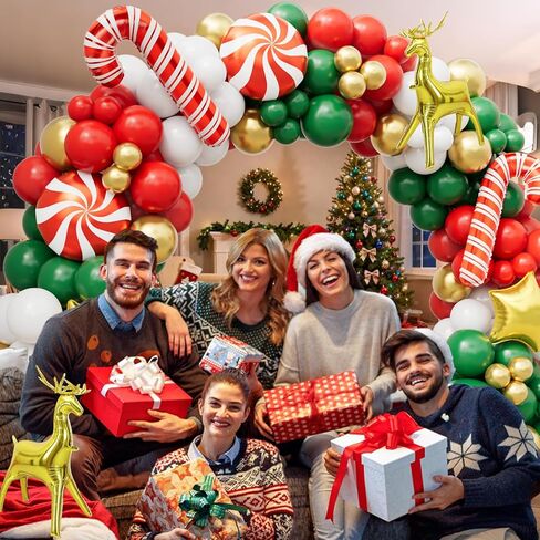 طقم قوس بالونات عيد الميلاد - زينة عيد الميلاد بالونات حمراء وأخضر وأبيض وذهبية، وعصا حلوى، ونجمة ذهبية، وبالونات من رقائق الأيائل لديكورات حفلات أعياد الميلاد in Kuwait