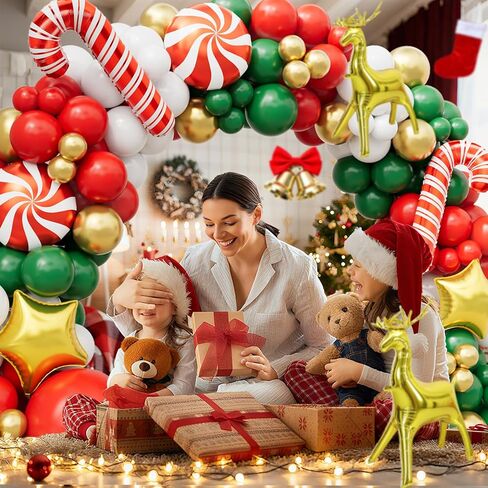 طقم قوس بالونات عيد الميلاد - زينة عيد الميلاد بالونات حمراء وأخضر وأبيض وذهبية، وعصا حلوى، ونجمة ذهبية، وبالونات من رقائق الأيائل لديكورات حفلات أعياد الميلاد in Kuwait