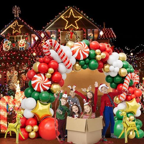 طقم قوس بالونات عيد الميلاد - زينة عيد الميلاد بالونات حمراء وأخضر وأبيض وذهبية، وعصا حلوى، ونجمة ذهبية، وبالونات من رقائق الأيائل لديكورات حفلات أعياد الميلاد in Kuwait