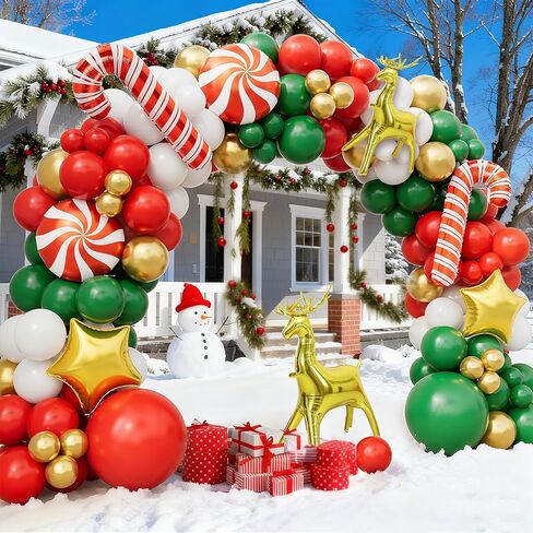 طقم قوس بالونات عيد الميلاد - زينة عيد الميلاد بالونات حمراء وأخضر وأبيض وذهبية، وعصا حلوى، ونجمة ذهبية، وبالونات من رقائق الأيائل لديكورات حفلات أعياد الميلاد in Kuwait