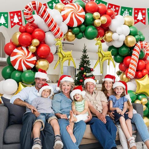 طقم قوس بالونات عيد الميلاد - زينة عيد الميلاد بالونات حمراء وأخضر وأبيض وذهبية، وعصا حلوى، ونجمة ذهبية، وبالونات من رقائق الأيائل لديكورات حفلات أعياد الميلاد in Kuwait