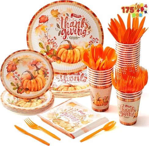 JOYIN 168 قطعة من الأطباق الورقية للاستعمال مرة واحدة لعيد الشكر، مجموعة أواني طعام ورقية ذهبية للاستعمال مرة واحدة، حصاد الخريف لحفلات عيد الشكر، مستلزمات حفلات عيد الشكر، مجموعات مناديل وأطباق عيد الشكر (24 ضيفًا) in Kuwait