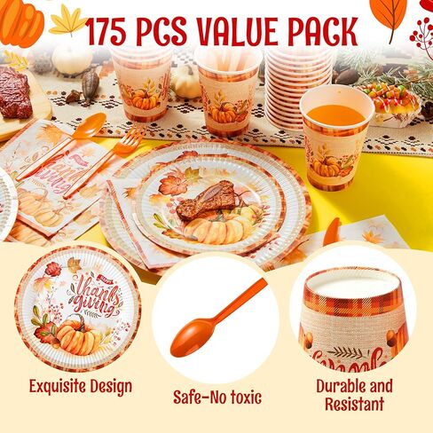 JOYIN 168 قطعة من الأطباق الورقية للاستعمال مرة واحدة لعيد الشكر، مجموعة أواني طعام ورقية ذهبية للاستعمال مرة واحدة، حصاد الخريف لحفلات عيد الشكر، مستلزمات حفلات عيد الشكر، مجموعات مناديل وأطباق عيد الشكر (24 ضيفًا) in Kuwait