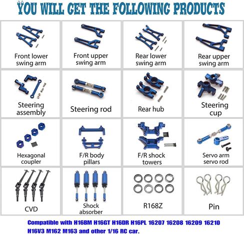 Upgrade Parts for H16BM H16GT H16DR H16PL M162 M163 1/16 RC Car, Body Pillar＆Absorber＆Shock Tower＆arms＆Steering Assembly＆Adjustable Links＆Drive Shafts CVD＆Servo Arm Set＆Bearing (Red) in Saudi Arabia