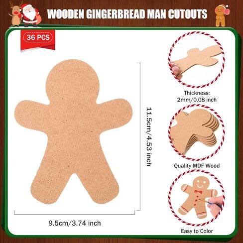 FOBSME 36 Pcs Wood Gingerbread Men for Crafts Unfinished Christmas Gingerbread Men Wooden Cutouts Blank Wooden Christmas Ornaments for Painting DIY Xmas Holiday Decorations,4.53x3.74 Inch in Kuwait