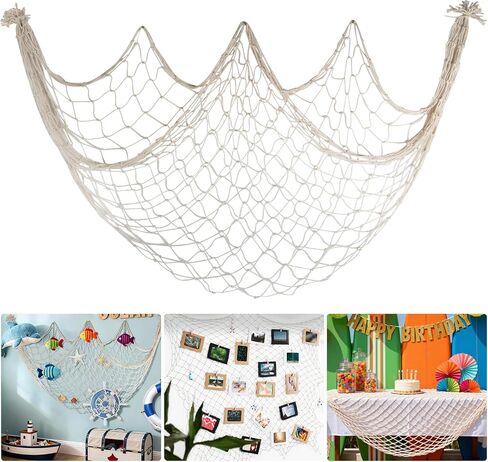 2 Pack Decoractive Fishing Net 80x40 Inch, 3mm Thickness Haze Blue Natural Cotton Large Picture Wall Hanging Fish Net, Party Decorations Fishnet for Tropical Nautical Pirate Beach Mermaid Themed Party in Kuwait