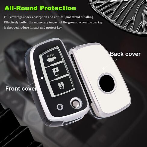 غطاء مفتاح HIBEYO متوافق مع Nissan Rogue Rogue Select Rogue Sport Sylphy Pulsar Sentra Accessories TPU بحافة فضية حامل حافظة مفاتيح قابل للطي 3 أزرار مع سلاسل مفاتيح لامعة - أبيض in Kuwait