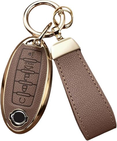 Key Fob Cover for Nissan with Key Chain, Upper Leather + Soft TPU Key Cover Case Shell for Altima Sentra Rogue Pathfinder Murano Armada Maxima Infiniti Versa (5-Buttons, Green) in Saudi Arabia