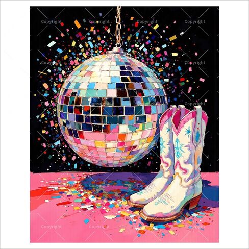Still Life Paint by Numbers Kit for Adults - DIY Disco Ball and Cowboy Boots Party Scene Painting on Canvas 16x20 Inches, Acrylic Paint Set, Suitable for Beginners, Art for Home Decoration, Unframed in Saudi Arabia