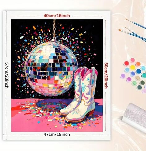 Still Life Paint by Numbers Kit for Adults - DIY Disco Ball and Cowboy Boots Party Scene Painting on Canvas 16x20 Inches, Acrylic Paint Set, Suitable for Beginners, Art for Home Decoration, Unframed in Saudi Arabia