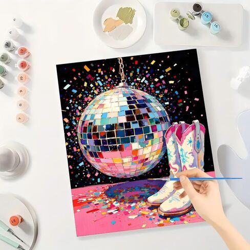 Still Life Paint by Numbers Kit for Adults - DIY Disco Ball and Cowboy Boots Party Scene Painting on Canvas 16x20 Inches, Acrylic Paint Set, Suitable for Beginners, Art for Home Decoration, Unframed in Saudi Arabia