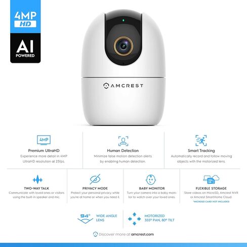 Amcrest 4MP WiFi Camera Indoor Camera, Sound & Baby Monitor, Human & Pet Detection, Motion-Tracking, w/ 2-Way Audio, Phone App, Pan/Tilt Wireless IP, Night Vision, Smart Home ASH41-W in Saudi Arabia