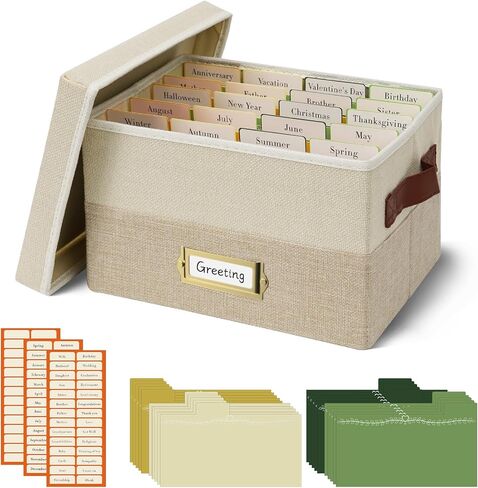 Vienrose Greeting Card Organizer Box with 20 Removable Dividers, 84 Self-Adhesive Labels, Foldable Storage Box Great for Greeting Cards, Photos, Envelopes, Stickers, Postcards Light Pink&Lotus in Saudi Arabia