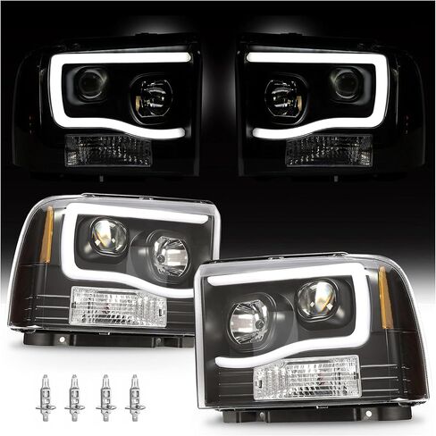 HECASA LED Projector Headlights W/Bulbs Compatible with 2005-2007 Ford F250 F350 F450 F550 Super Duty Compatible with 2005 Ford Excursion LED Tube Bar Headlamps Replacement Clear Lens Black Housing in Saudi Arabia