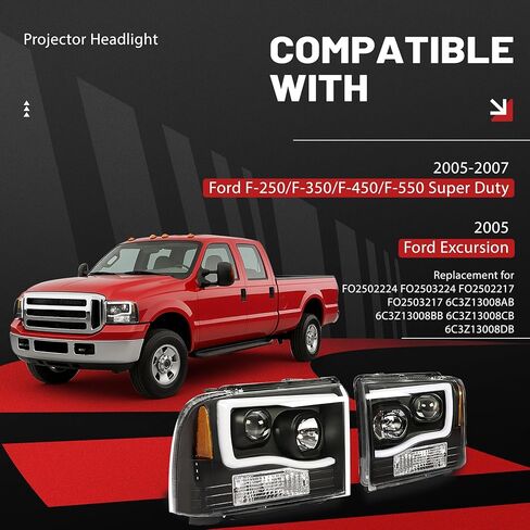 HECASA LED Projector Headlights W/Bulbs Compatible with 2005-2007 Ford F250 F350 F450 F550 Super Duty Compatible with 2005 Ford Excursion LED Tube Bar Headlamps Replacement Clear Lens Black Housing in Saudi Arabia