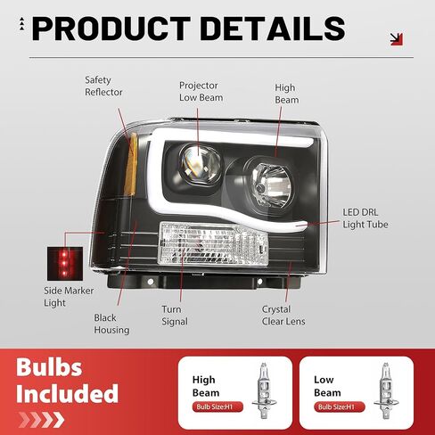 HECASA LED Projector Headlights W/Bulbs Compatible with 2005-2007 Ford F250 F350 F450 F550 Super Duty Compatible with 2005 Ford Excursion LED Tube Bar Headlamps Replacement Clear Lens Black Housing in Saudi Arabia