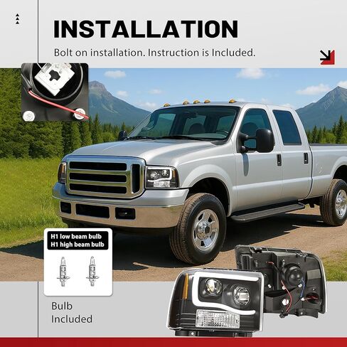 HECASA LED Projector Headlights W/Bulbs Compatible with 2005-2007 Ford F250 F350 F450 F550 Super Duty Compatible with 2005 Ford Excursion LED Tube Bar Headlamps Replacement Clear Lens Black Housing in Saudi Arabia