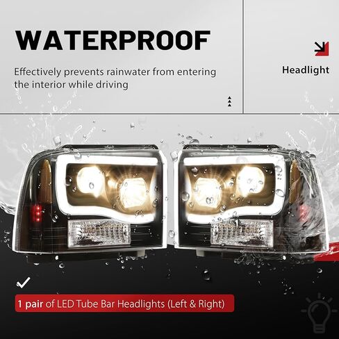 HECASA LED Projector Headlights W/Bulbs Compatible with 2005-2007 Ford F250 F350 F450 F550 Super Duty Compatible with 2005 Ford Excursion LED Tube Bar Headlamps Replacement Clear Lens Black Housing in Saudi Arabia
