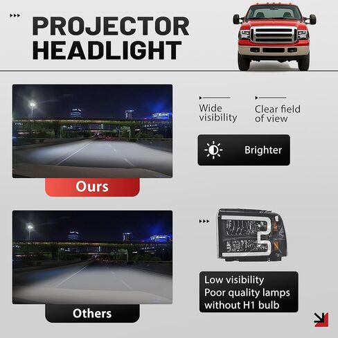 HECASA LED Projector Headlights W/Bulbs Compatible with 2005-2007 Ford F250 F350 F450 F550 Super Duty Compatible with 2005 Ford Excursion LED Tube Bar Headlamps Replacement Clear Lens Black Housing in Saudi Arabia