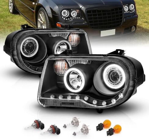 AmeriLite for 2005-2010 Chrysler 300C Black Replacement Headlight Assembly Halogen Projector Extreme Dual LED Halo w/Bulb Pair - Passenger & Driver Side in Saudi Arabia