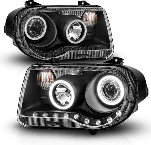 AmeriLite for 2005-2010 Chrysler 300C Black Replacement Headlight Assembly Halogen Projector Extreme Dual LED Halo w/Bulb Pair - Passenger & Driver Side in Saudi Arabia