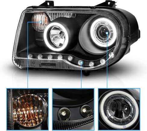 AmeriLite for 2005-2010 Chrysler 300C Black Replacement Headlight Assembly Halogen Projector Extreme Dual LED Halo w/Bulb Pair - Passenger & Driver Side in Saudi Arabia