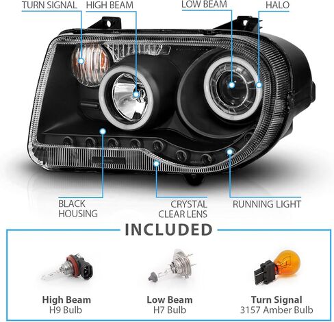 AmeriLite for 2005-2010 Chrysler 300C Black Replacement Headlight Assembly Halogen Projector Extreme Dual LED Halo w/Bulb Pair - Passenger & Driver Side in Saudi Arabia