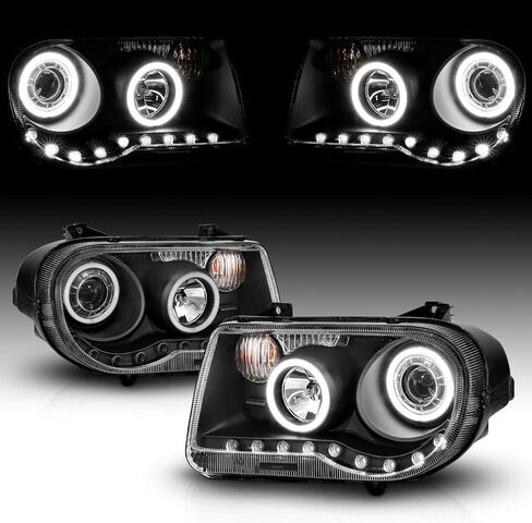 AmeriLite for 2005-2010 Chrysler 300C Black Replacement Headlight Assembly Halogen Projector Extreme Dual LED Halo w/Bulb Pair - Passenger & Driver Side in Saudi Arabia