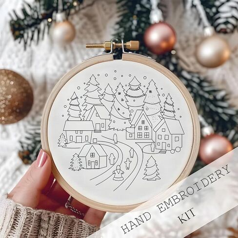 Atlodas Christmas Embroidery KIT, Christmas Gnomes Embroidery Kits for Beginners with Pattern, Cotton Threads, Needles, Instruction, 20cm Hoop - Gift for Mom, Grandma (Holiday-Village) in Saudi Arabia