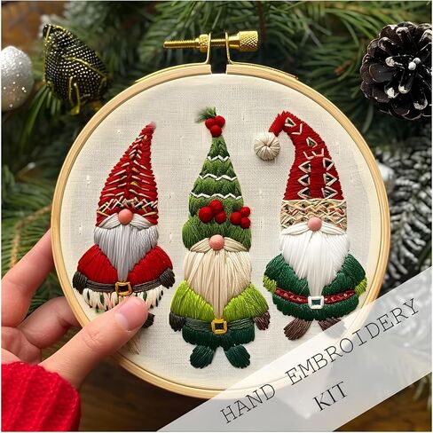Atlodas Christmas Embroidery KIT, Christmas Gnomes Embroidery Kits for Beginners with Pattern, Cotton Threads, Needles, Instruction, 20cm Hoop - Gift for Mom, Grandma (Holiday-Village) in Saudi Arabia