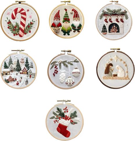 Atlodas Christmas Embroidery KIT, Christmas Gnomes Embroidery Kits for Beginners with Pattern, Cotton Threads, Needles, Instruction, 20cm Hoop - Gift for Mom, Grandma (Holiday-Village) in Saudi Arabia