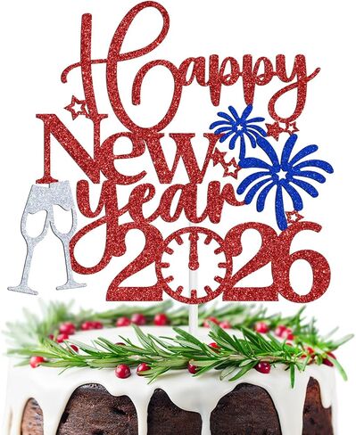 Tivurcia Happy New Year 2026 Cake Topper, Welcome 2026 Goodbye 2025, New Year Eve/Happy Hoilday/Merry Christmas Party Decorations Supplies, Photo Props, Red and Gold Glitter in Saudi Arabia