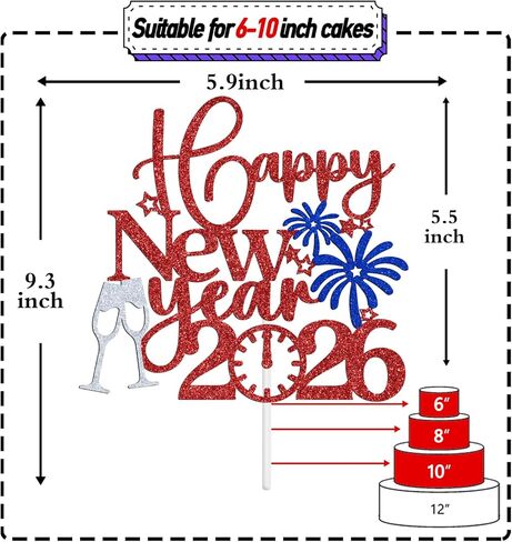 Tivurcia Happy New Year 2026 Cake Topper, Welcome 2026 Goodbye 2025, New Year Eve/Happy Hoilday/Merry Christmas Party Decorations Supplies, Photo Props, Red and Gold Glitter in Saudi Arabia